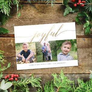 Elegant Joyful Gold Script Multi-Photo Holiday Card
