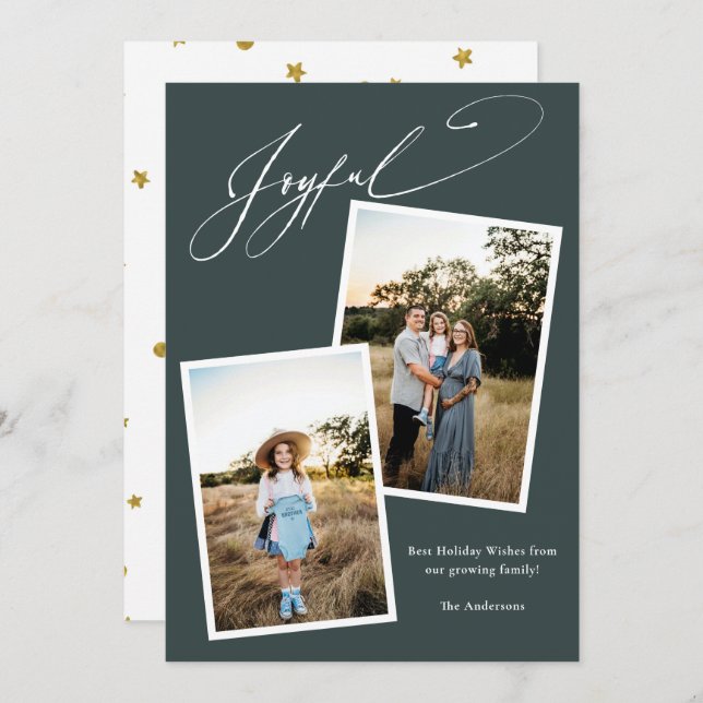 Elegant Joyful Green Calligraphy Photo Pregnancy Holiday Card (Front/Back)
