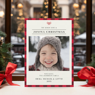 Elegant Joyful Merry Christmas Red Bow Holiday Card