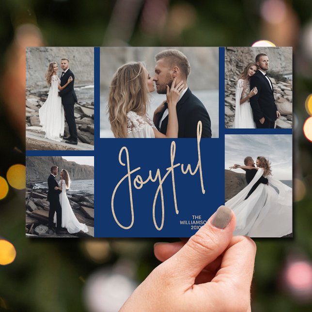 Elegant JOYFUL Multi Photo Blue Christmas Holiday Card (Gold JOYFUL Multi Photo Christmas Holiday Cards - INSTANT DOWNLOAD and/or PRINTED or both!)