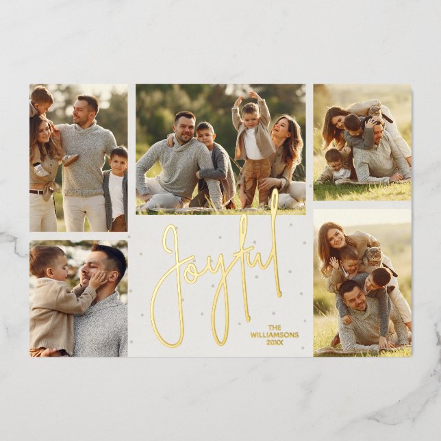 Elegant Joyful Multi Photo Foil Holiday Card (Front)