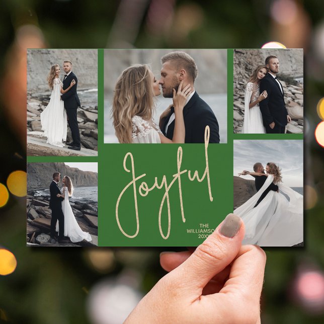 Elegant JOYFUL Multi Photo Green Christmas Holiday Card (Gold JOYFUL Multi Photo Christmas Holiday Cards - INSTANT DOWNLOAD and/or PRINTED or both!)