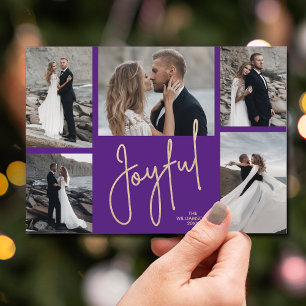 Elegant JOYFUL Multi Photo Purple Christmas Holiday Card
