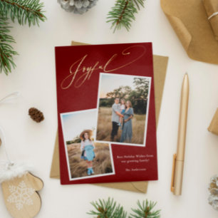 Elegant Joyful Red Calligraphy Photo Pregnancy Foil Holiday Card