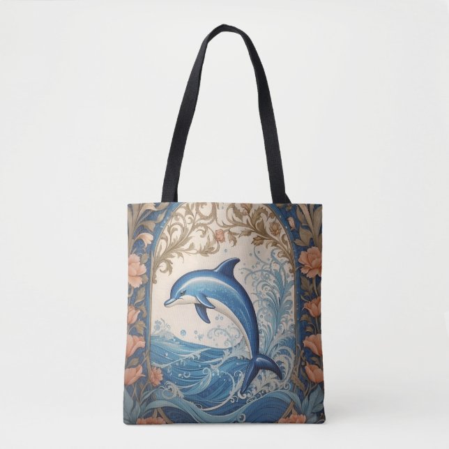 Elegant Jumping Dolphin William Morris Inspired Tote Bag (Front)