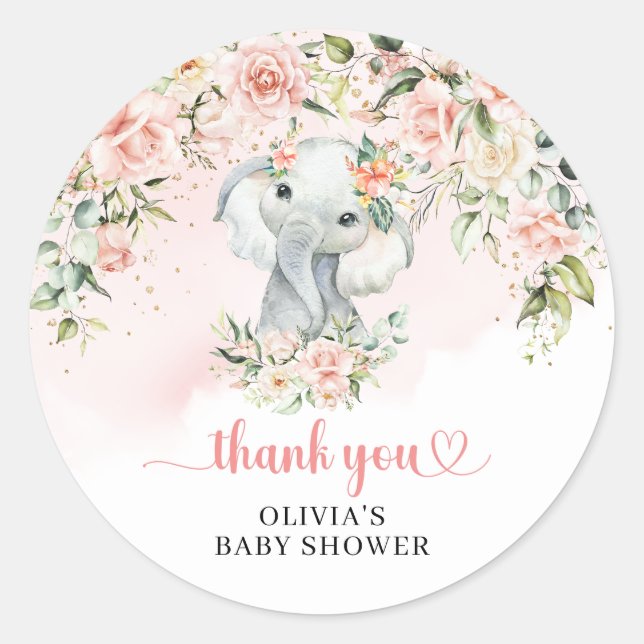 Elegant jungle elephant blush flowers gold Shower Classic Round Sticker (Front)