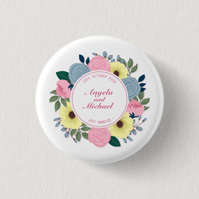 Elegant Just Married Floral Wedding | Pin Button (Front)