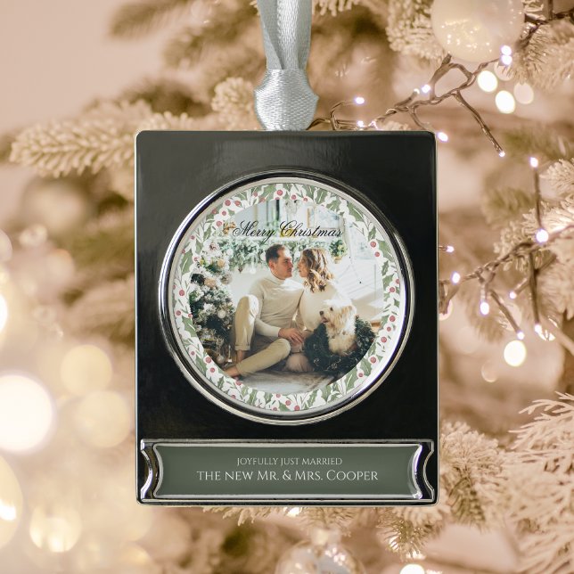 Elegant Just Married Newlywed Photo Christmas Silver Plated Banner Ornament (Creator Uploaded)