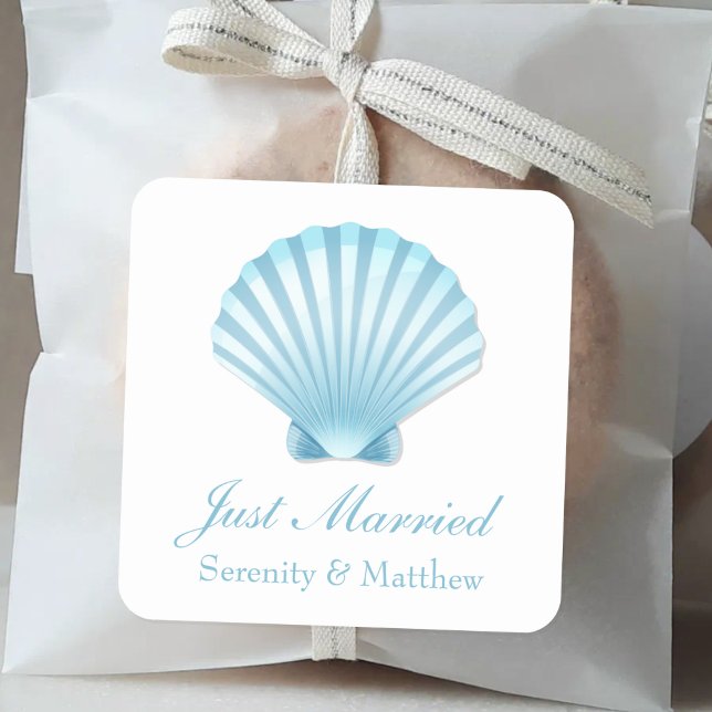 Elegant Just Married Shell Blue Nautical Wedding Square Sticker (Creator Uploaded)