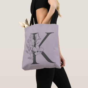 Elegant K Boho Floral Monogram Initial Lilac Grey Tote Bag