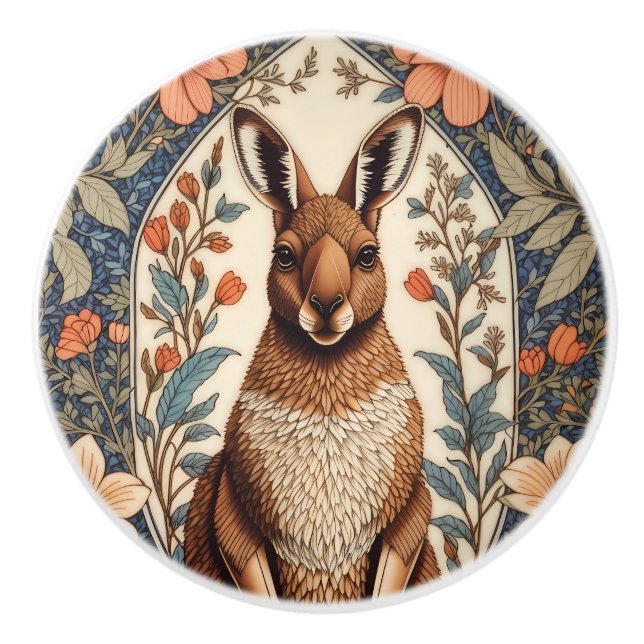 Elegant Kangaroo William Morris Inspired  Ceramic Knob (Front)