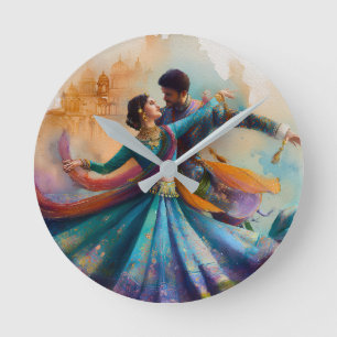 ✨Elegant Kathak Couple Dance Watercolor Artwork Round Clock