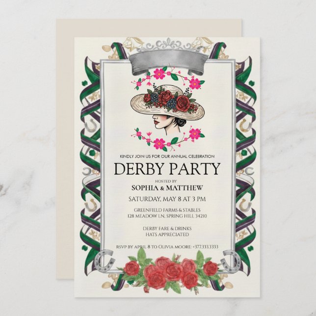 Elegant Kentucky Derby Party Floral Invitation (Front/Back)