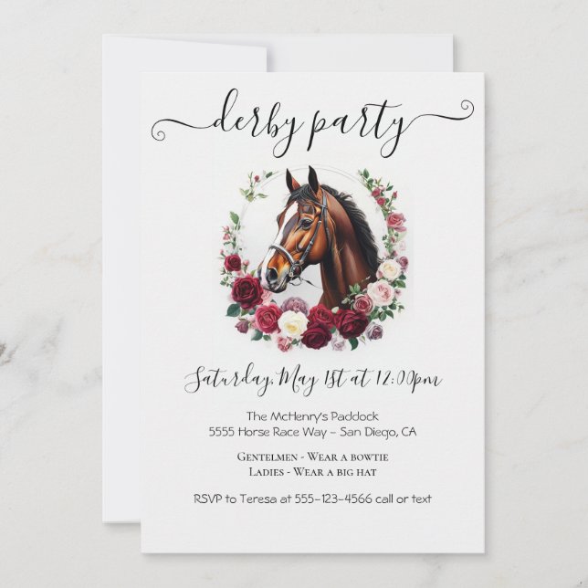 Elegant Kentucky Derby Party Invitation Floral Hor (Front)