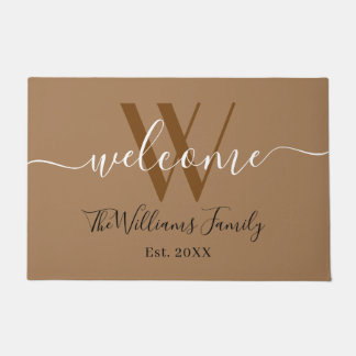 Elegant Khaki Monogram Wedding Name Script Doormat