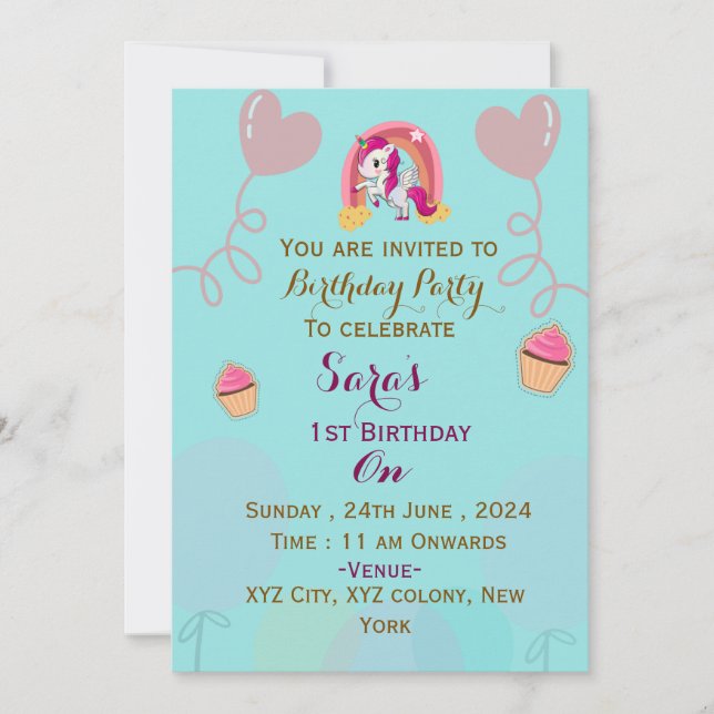 Elegant kid's birthday Party Invitations  (Front)