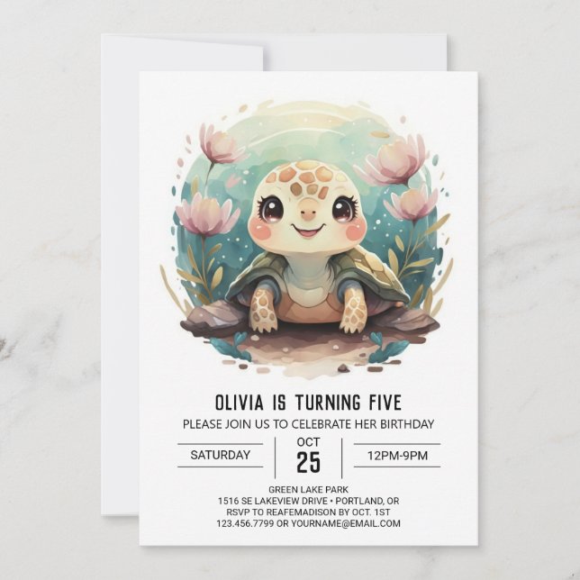 Elegant Kids Turtle Girl Birthday Invitation (Front)