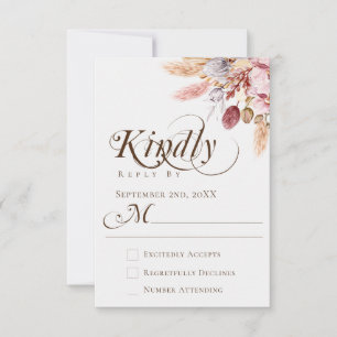 Elegant Kindly Reply Boho Pampas Grass Wedding RSVP Card