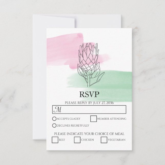 Elegant King Protea Watercolor Wedding RSVP Cards (Front)