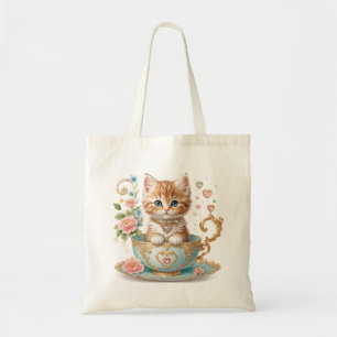 Elegant Kitten in Teacup -  Floral Design - Tote Bag