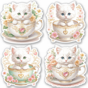 Elegant Kitten in Teacup Stickers -  Floral Design
