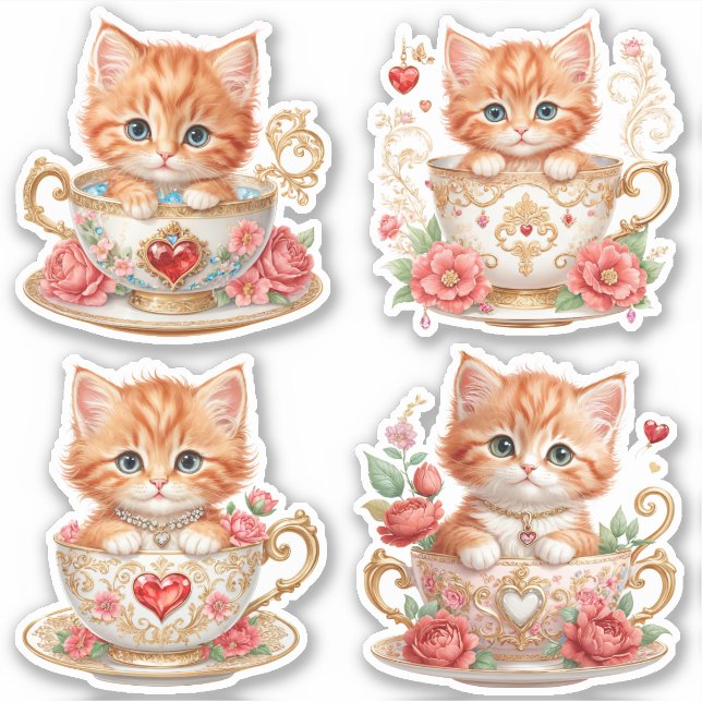 Elegant Kitten in Teacup Stickers -  Floral Design (Front)