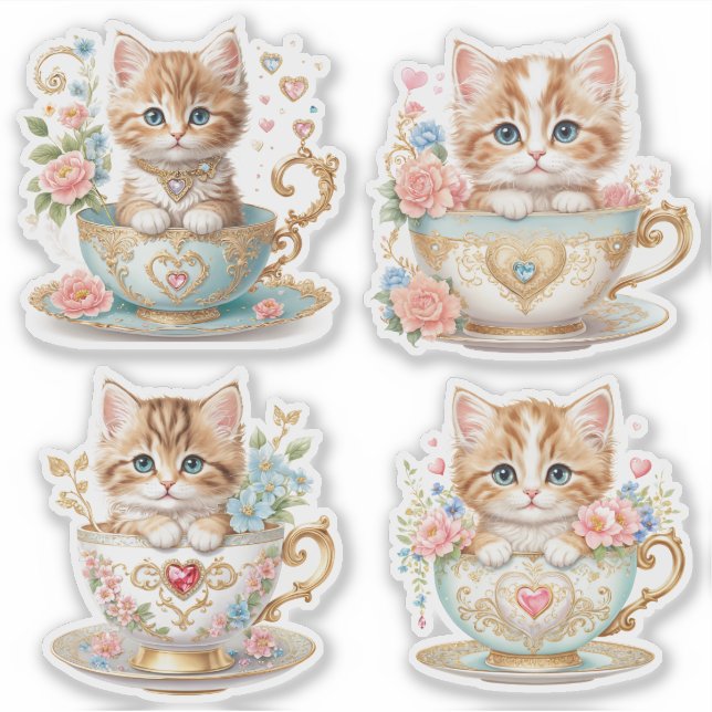 Elegant Kitten in Teacup Stickers -  Floral Design (Front)