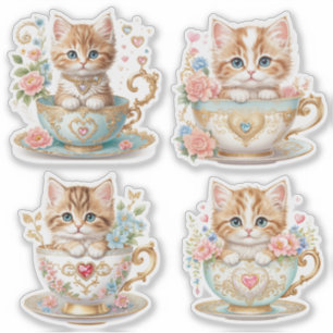 Elegant Kitten in Teacup Stickers -  Floral Design