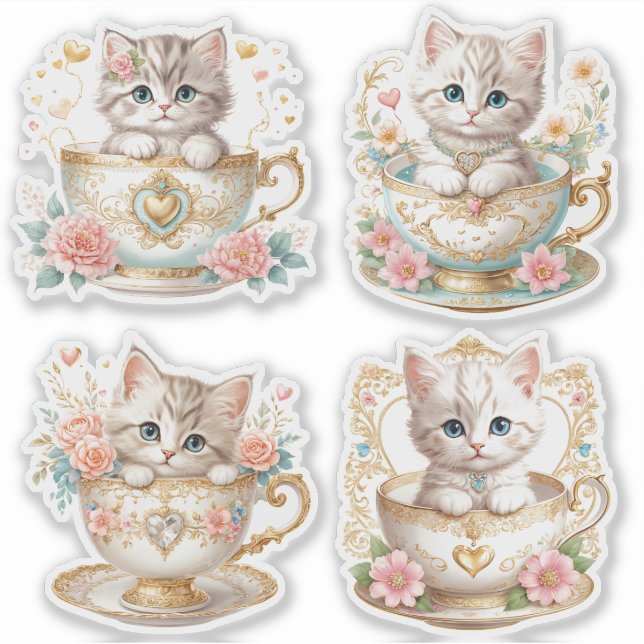 Elegant Kitten in Teacup Stickers -  Floral Design (Front)