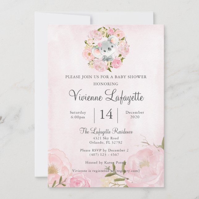 Elegant Koala Girly Pink Peony Baby Shower Invitation (Front)
