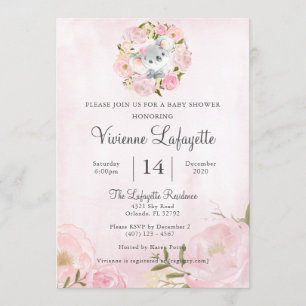 Elegant Koala Girly Pink Peony Baby Shower Invitation