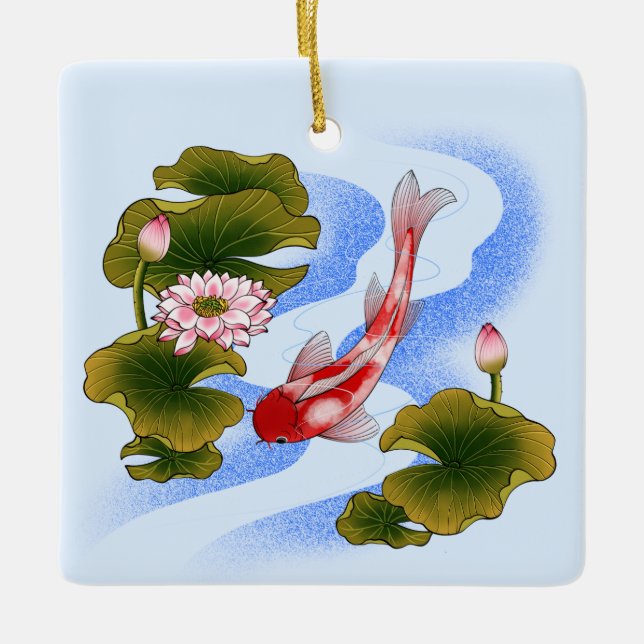 Elegant koi carp in lotus pond  ceramic ornament (Front)