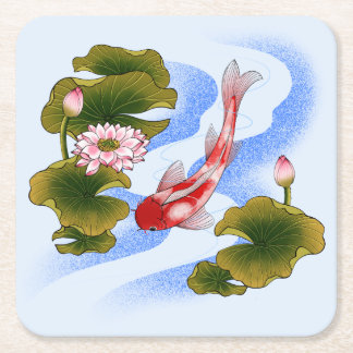 Elegant koi carp in lotus pond  square paper coaster