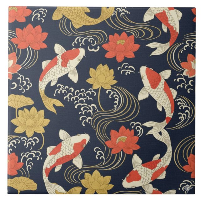 Elegant Koi Fish and Lotus Pattern Ceramic Tile (Front)