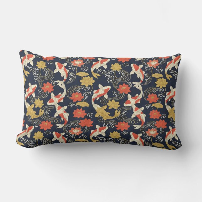 Elegant Koi Fish and Lotus Pattern Lumbar Cushion (Front)