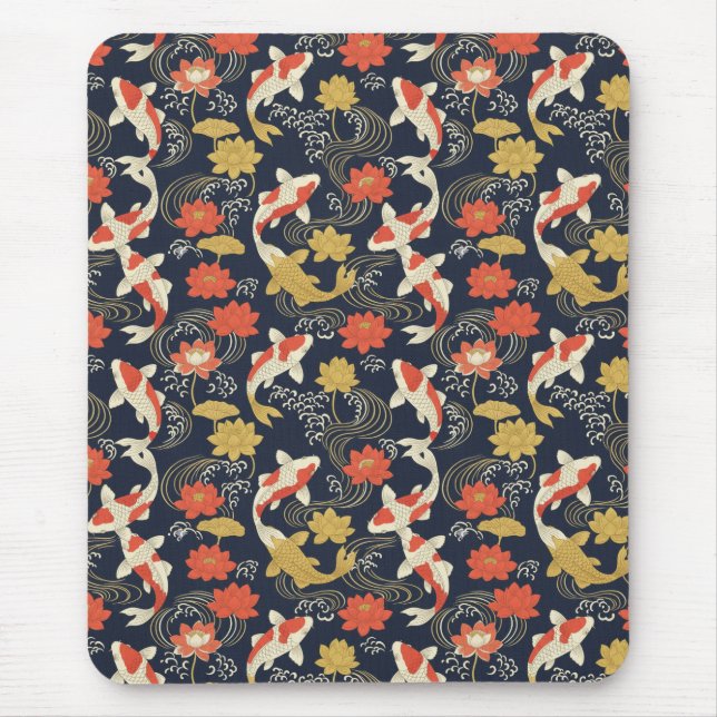 Elegant Koi Fish and Lotus Pattern Mouse Pad (Front)