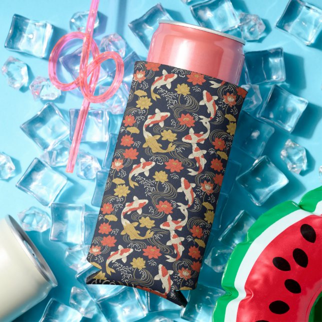 Elegant Koi Fish and Lotus Pattern Seltzer Can Cooler (In Situ Summer)