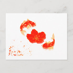 Elegant Koi Fish and Red Blossom Art   Japanese St Postcard