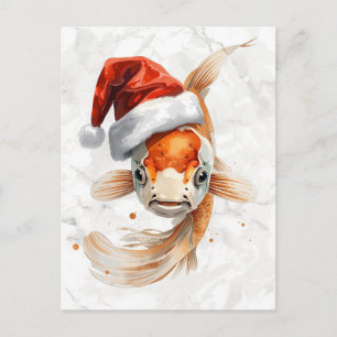 Elegant Koi Fish in Santa Hat Watercolor Holiday Postcard