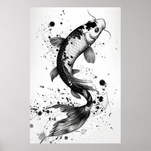 Elegant Koi Fish Pond Black Stroke Flat Illustrati Poster