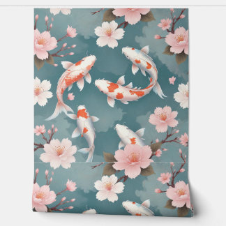 Elegant koi fish swim among cherry blossoms on tea wallpaper