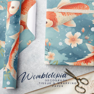 Elegant Koi Fish with Cherry Blossom, Blue, Orange Wrapping Paper