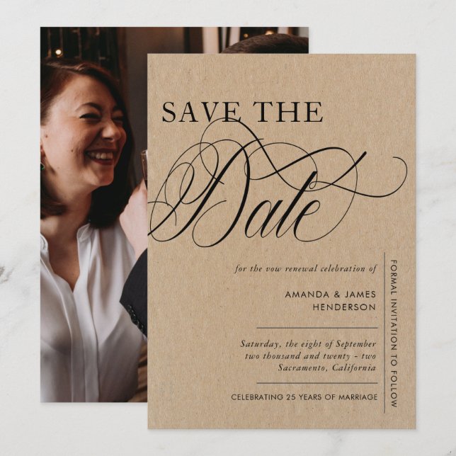 Elegant Kraft Texture Photo Vow Renewal Save The Date (Front/Back)