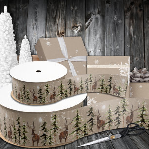 Elegant Kraft Winter Woodland Spruce Reindeer 3" Grosgrain Ribbon