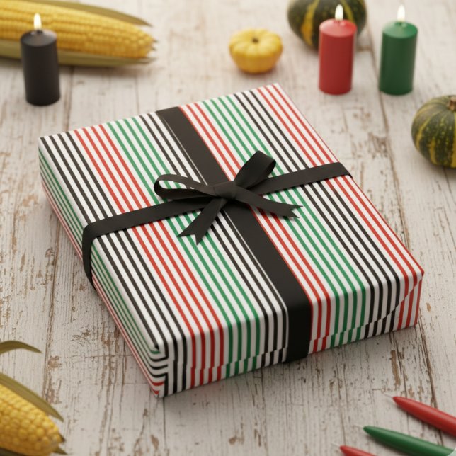 Elegant Kwanzaa Colours Striped Wrapping Paper (Modern Black, Red & Green African Colors Striped Pattern for Kwanzaa Celebration & Birthday Party.)