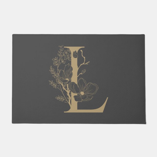 Elegant L Boho Floral Monogram Initial Grey Gold Doormat (Front)