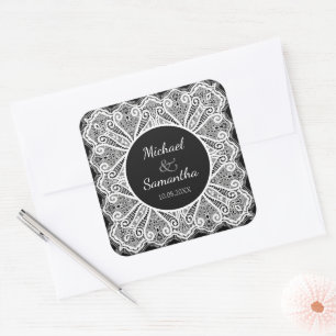 Elegant Lace and Black Custom Wedding Square Sticker