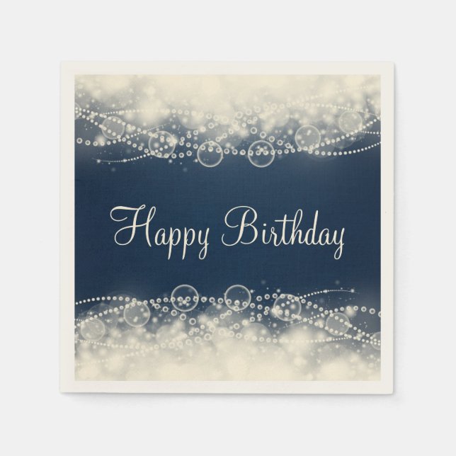 Elegant Lace and Pearls on Blue Happy Birthday Napkin (Front)