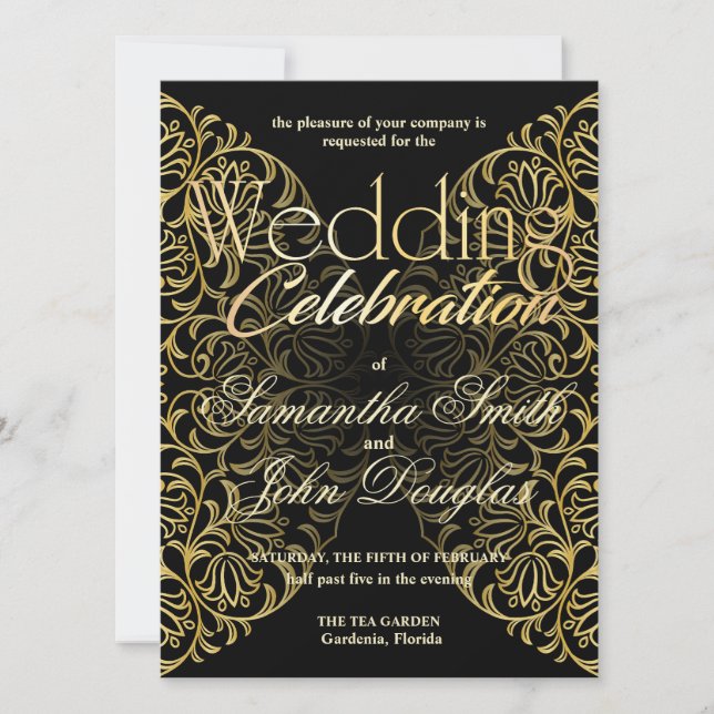 Elegant Lace Black & Gold Modern Minimalist Invitation (Front)