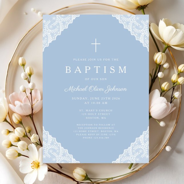 Elegant Lace Blue Baby Boy Baptism Invitation (Elegant Lace Navy Blue Baby Boy Baptism Invitation)